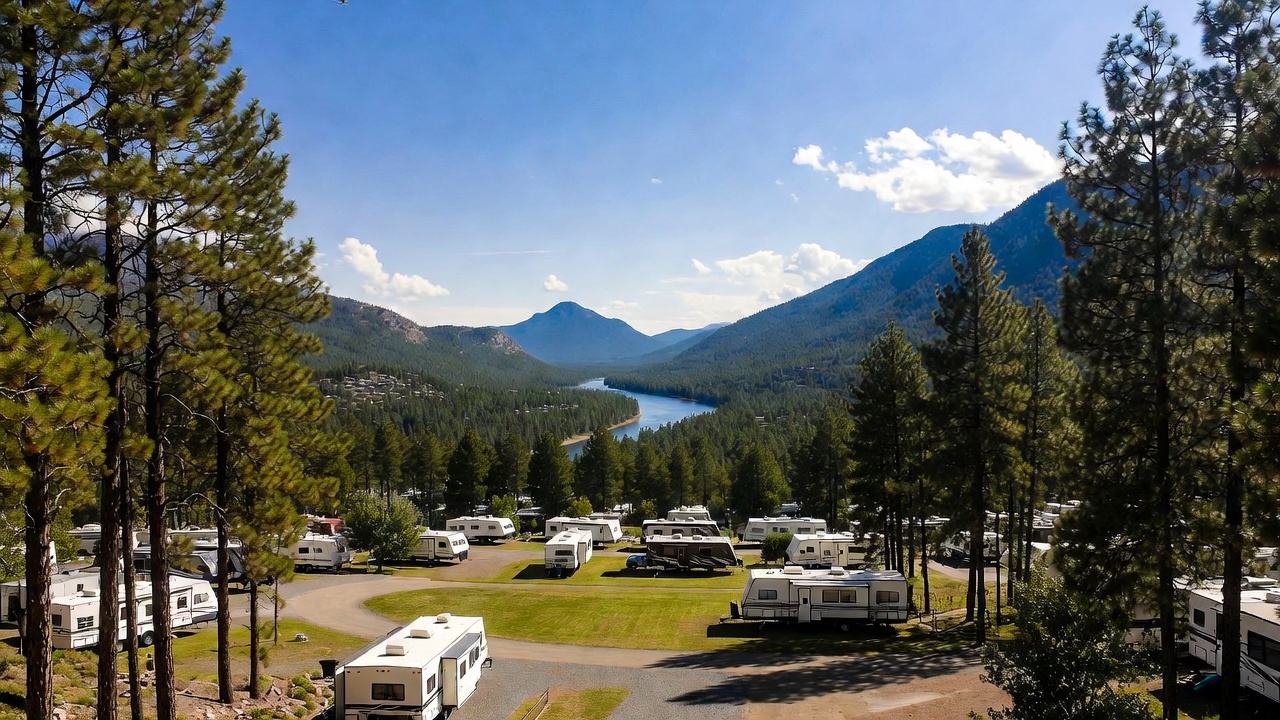 Peaceful RV park with neatly arranged sites and mountain views in the background